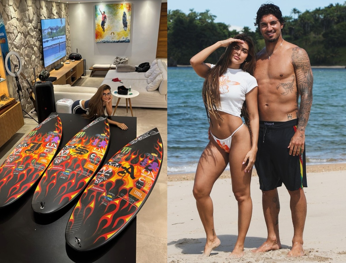 Gabriel Medina presenteia namorada modelo com pranchas personalizadas; veja