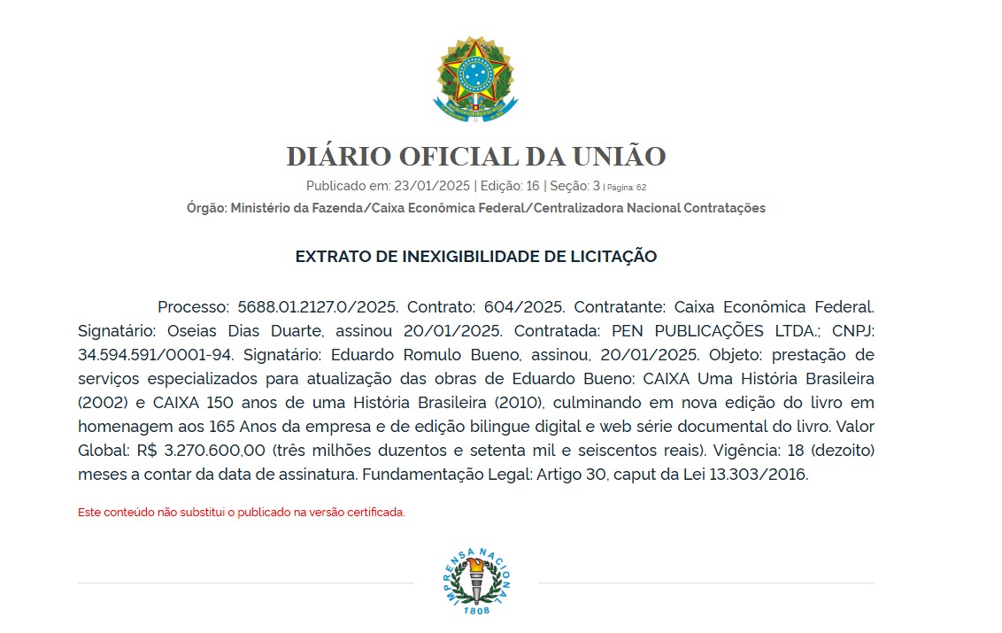 Caixa pagou mais de R$ 3 mi a escritor sem licitação